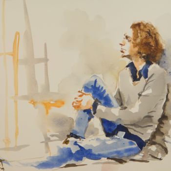 Malerei mit dem Titel "Jeune homme assis c…" von Émile Thibaut, Original-Kunstwerk, Aquarell