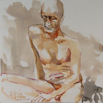 Pintura intitulada "Nu assis sur le sol" por Émile Thibaut, Obras de arte originais, Aquarela