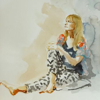 Schilderij getiteld "Jeune femme assise…" door Émile Thibaut, Origineel Kunstwerk, Aquarel