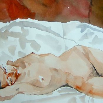 Pintura intitulada "Nu couché" por Émile Thibaut, Obras de arte originais, Aquarela