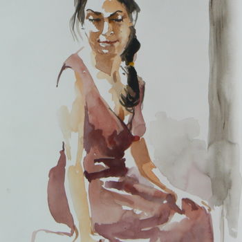 Schilderij getiteld "jeune femme en robe…" door Émile Thibaut, Origineel Kunstwerk, Aquarel