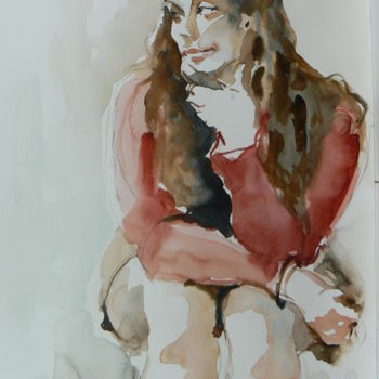 Schilderij getiteld "Jeune femme assise" door Émile Thibaut, Origineel Kunstwerk, Aquarel