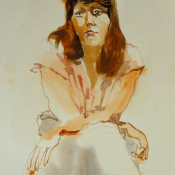 Schilderij getiteld "Jeune femme assise…" door Émile Thibaut, Origineel Kunstwerk, Aquarel