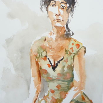 「Jeune femme en robe…」というタイトルの絵画 Émile Thibautによって, オリジナルのアートワーク, 水彩画
