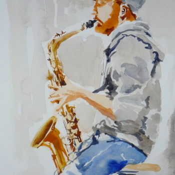 Pintura titulada "Saxophoniste à la c…" por Émile Thibaut, Obra de arte original, Acuarela