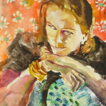 Painting titled "Femme accoudée sur…" by Émile Thibaut, Original Artwork, Gouache