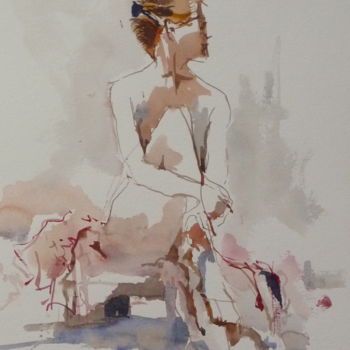 Painting titled "Nu au chignon" by Émile Thibaut, Original Artwork, Watercolor