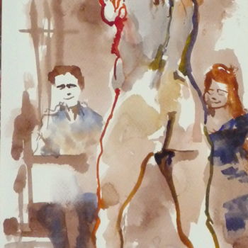 Painting titled "nu de dos debout" by Émile Thibaut, Original Artwork, Watercolor