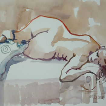 Painting titled "Nu sur la couche" by Émile Thibaut, Original Artwork, Watercolor