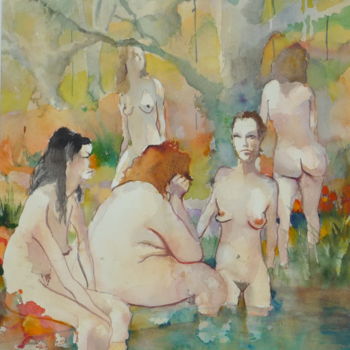 Painting titled "women in peaceful l…" by Émile Thibaut, Original Artwork, Watercolor