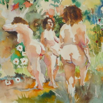 Painting titled "3 women in peaceful…" by Émile Thibaut, Original Artwork, Watercolor