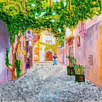 Painting titled "Ruelle dans le vieu…" by Emilia Iftime, Original Artwork, Acrylic Mounted on Wood Stretcher frame