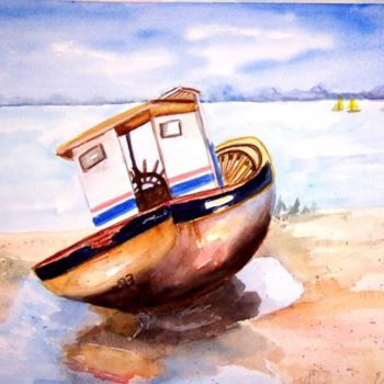 Painting titled "Fishing boat" by Emilia, Original Artwork, Oil