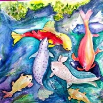 Painting titled "Fish in the pond," by Emilia, Original Artwork, Oil
