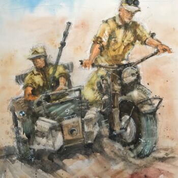 Картина под названием "La moto du désert202" - Emilian Alexianu, Подлинное произведение искусства, Акварель