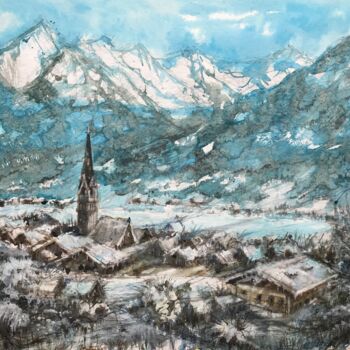 Painting titled "Hiver en Autriche" by Emilian Alexianu, Original Artwork, Watercolor