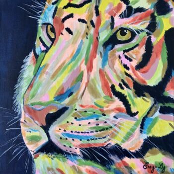 Painting titled "Tigre Pop" by Emilie Neuillie (Emy-Ly-Art), Original Artwork, Oil Mounted on Wood Stretcher frame