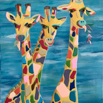 Painting titled "Trois girafes arc-e…" by Emilie Neuillie (Emy-Ly-Art), Original Artwork, Acrylic Mounted on Wood Stretcher…