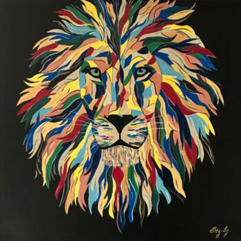 Pittura intitolato "Lion arc-en-ciel no…" da Emilie Neuillie (Emy-Ly-Art), Opera d'arte originale, Acrilico Montato su Telai…