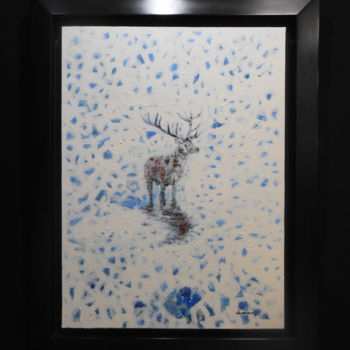Painting titled "Cerf en hiver" by Lorenz, Original Artwork, Acrylic Mounted on Wood Stretcher frame
