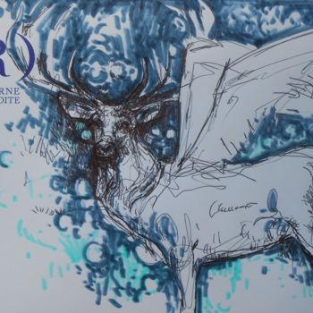 Dessin intitulée "Cerf blanc ailé" par Lorenz, Œuvre d'art originale, Stylo à bille