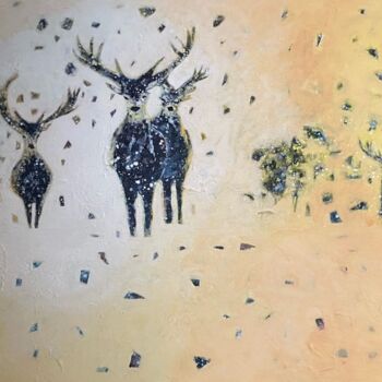 Painting titled "Cerfs en hiver II" by Lorenz, Original Artwork, Acrylic Mounted on Wood Stretcher frame