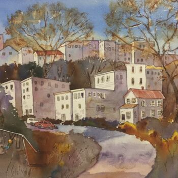 Malerei mit dem Titel "Houses On The Hill—…" von Emily Stedman, Original-Kunstwerk, Aquarell