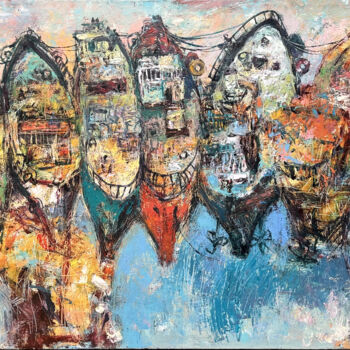Painting titled "At the docks" by Emin Qahramanov, Original Artwork, Oil