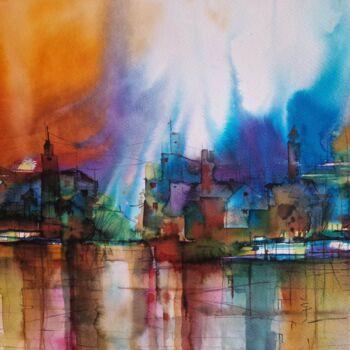 Painting titled "A City by the Sea" by Emir Kerenovic, Original Artwork, Watercolor