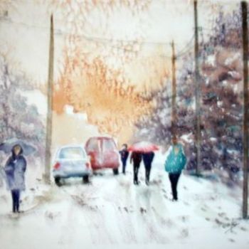 Painting titled "ville-sous-la-neige…" by Jocelyne Dumont, Original Artwork
