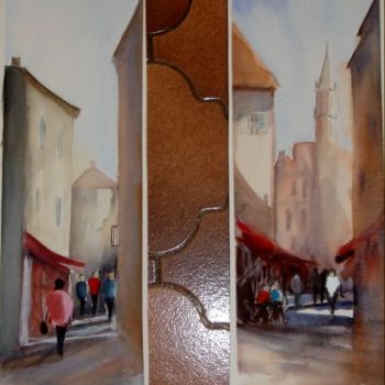 Malarstwo zatytułowany „rue-de-carvi-en-cor…” autorstwa Jocelyne Dumont, Oryginalna praca, Akwarela
