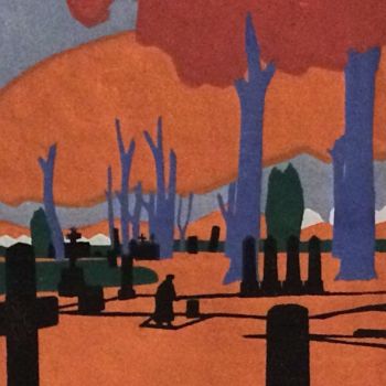 Prenten & gravures getiteld "Man in Cemetery" door Emma Kelly, Origineel Kunstwerk, Linosnede