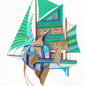 Collages titulada "Le poisson voilier" por Emmanuel Brocart, Obra de arte original, Acrílico