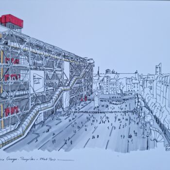 Drawing titled "Place Georges Pompi…" by Emmanuel Forgues, Original Artwork, Ink