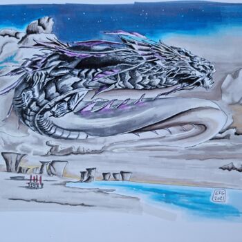 Drawing titled "dragon dans le ciel" by Emmanuel Forgues, Original Artwork, Pencil