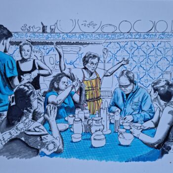 Drawing titled "diner a porto" by Emmanuel Forgues, Original Artwork, Pencil