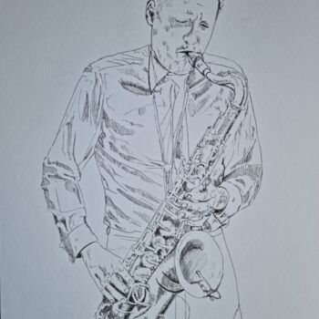 Drawing titled "saxophoniste" by Emmanuel Forgues, Original Artwork, Pencil