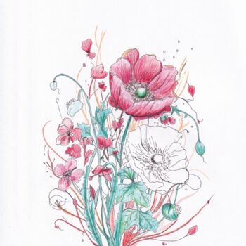Drawing titled "Bouquet de Fleurs" by Emmanuel Forgues, Original Artwork, Pencil
