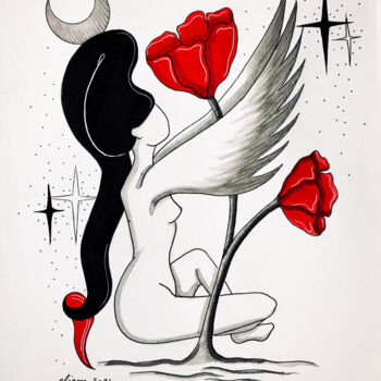 Dessin intitulée "L’oiseau coquelicot" par Emmanuelle Liem, Œuvre d'art originale, Encre