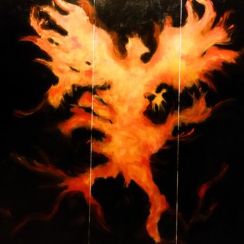 Painting titled "Rising Phenix" by Emmanuelle Noizet, Original Artwork, Oil Mounted on Wood Stretcher frame