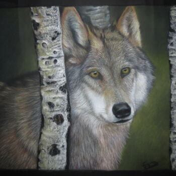 Painting titled "Wolf in the forest" by Emre Demir, Original Artwork, Pastel