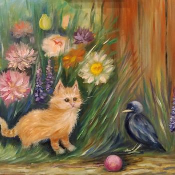 Painting titled "Garden meeting" by Ekaterina Suvorova, Original Artwork, Oil
