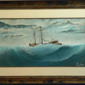 Pittura intitolato "Barco en mar bravio…" da Encarnación Jerez Torregrosa, Opera d'arte originale, Pastello