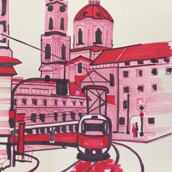 Рисунок под названием "Красный трамвай. Ск…" - Larissa Lukaneva, Подлинное произведение искусства, Маркер