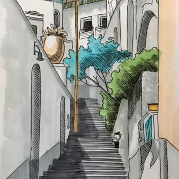 Desenho intitulada "Лестница между дома…" por Larissa Lukaneva, Obras de arte originais, Tinta