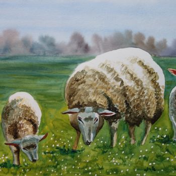 Картина под названием "The Sheep" - Larissa Lukaneva, Подлинное произведение искусства, Акварель