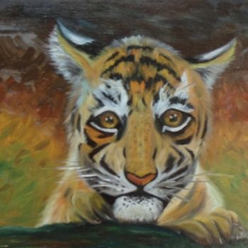 Painting titled "Tiger Cub" by Larissa Lukaneva, Original Artwork, Oil