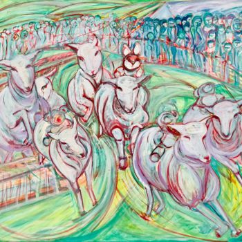 Painting titled "Sark Sheep Race" by Carole English, Original Artwork, Acrylic