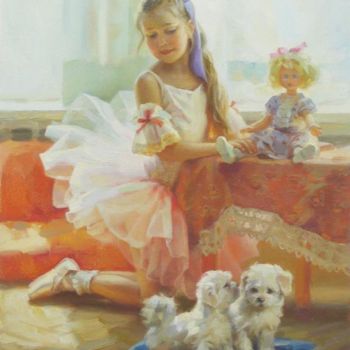 Peinture intitulée "Девочка и щенки 35x…" par Tatiana Enikeeva, Œuvre d'art originale