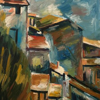 Painting titled "Scorcio paese monta…" by Enrico Petrolini, Original Artwork, Oil Mounted on Other rigid panel